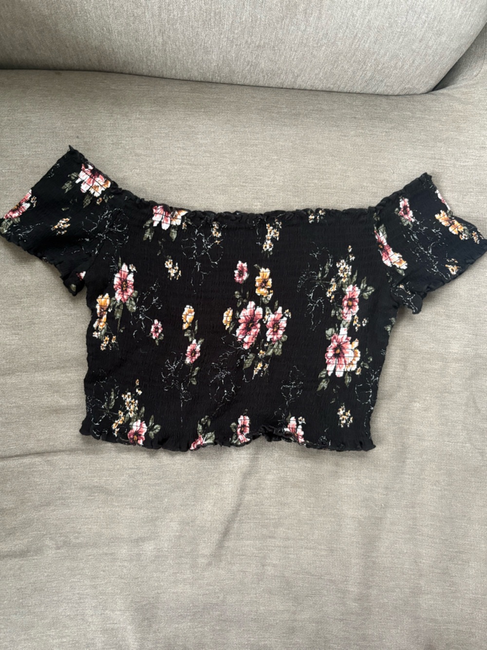No Boundaries Black Floral Off-Shoulder Crop Top with Pink & Yellow Blooms